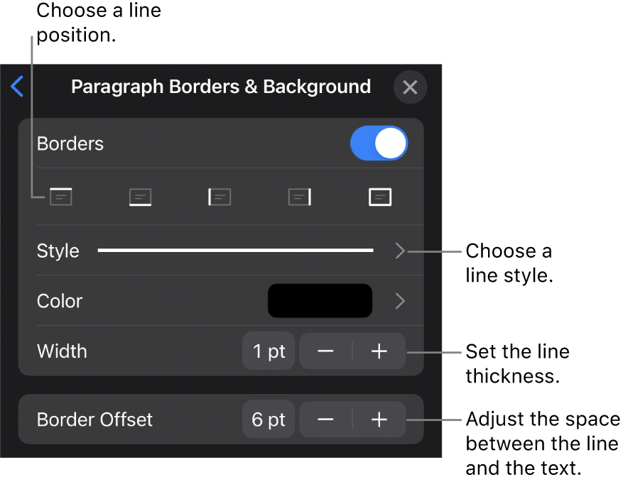 Controls to change the line style, thickness, position, and color.