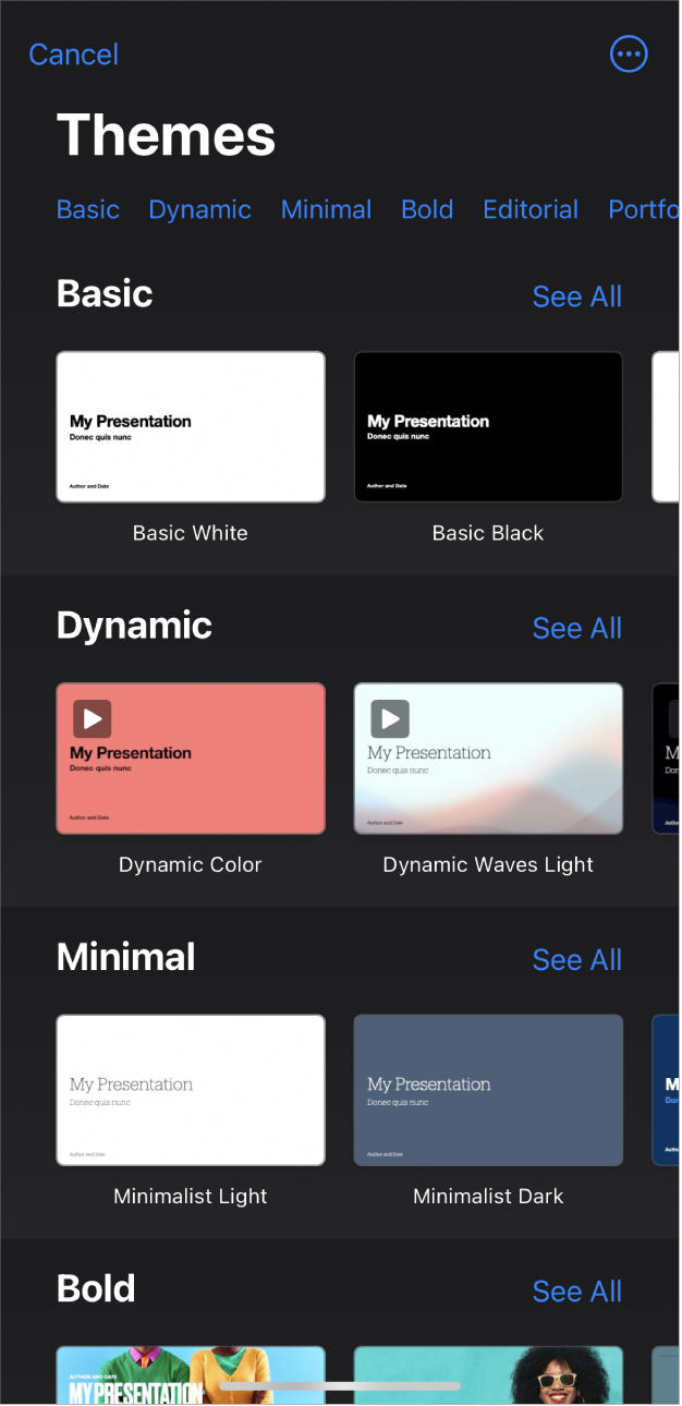 The theme chooser, showing a row of categories across the top that you can tap to filter the options. Below are thumbnails of predesigned themes arranged in rows by category, starting with Basic at the top and followed by Minimal and Bold. A See All button appears above and to the right of each category row. The Cancel button is in the top-left corner.