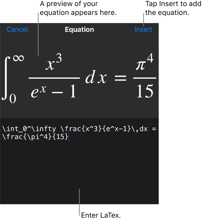The Equation dialogue, showing an equation written using LaTex commands, and a preview of the formula above.
