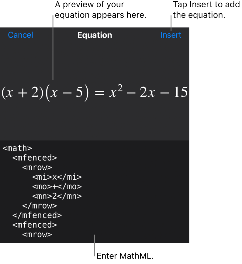 The Equation dialogue, showing an equation written using MathML commands, and a preview of the formula above.