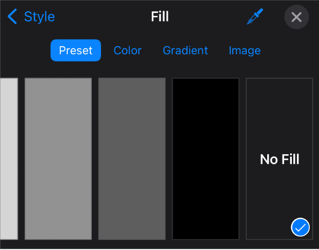 The Fill controls with No Fill selected.