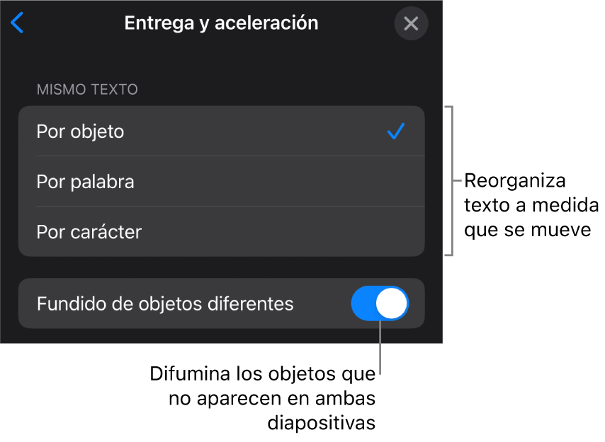 Opciones Entrega y Aceleración de Movimiento mágico en el panel Aceleración.