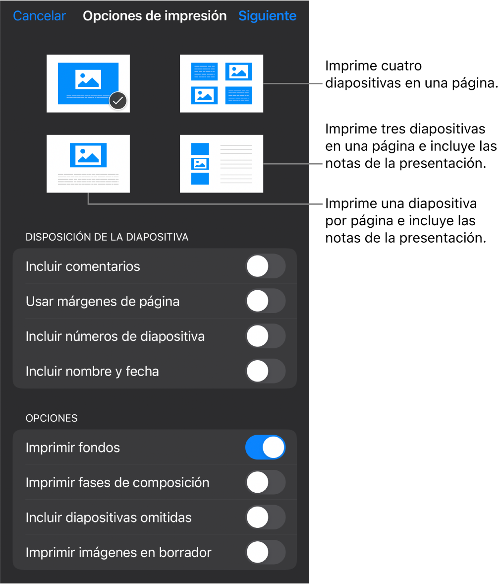 Opciones de disposición de impresión.