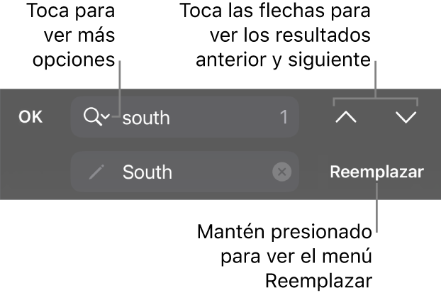 Los controles Buscar y Reemplazar arriba del teclado con los botones Reemplazar, Subir y Bajar, y una flecha para tocar Opciones de Búsqueda.