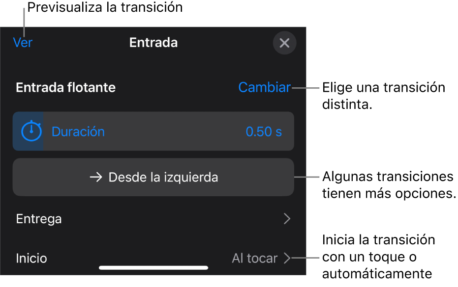 Controles del panel Opciones para modificar una transición.