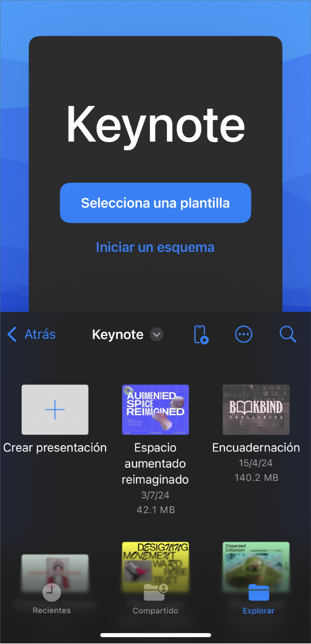 El administrador de documentos de Keynote con botones para crear una presentación a partir de una plantilla o esquema en la parte superior de la pantalla, y controles para abrir presentaciones guardadas en la parte inferior.