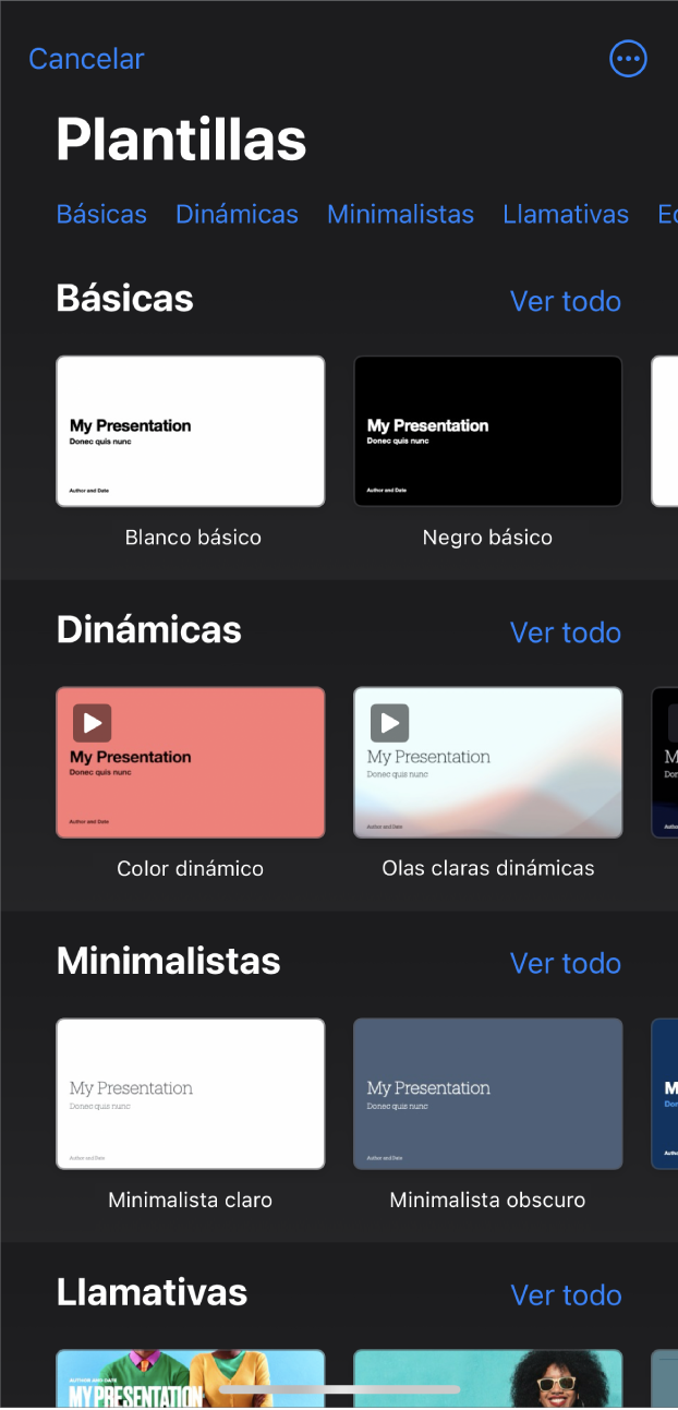 El selector de plantilla muestra una fila de categorías a lo largo de la parte superior en las que puedes tocar para filtrar las opciones. Debajo se encuentran miniaturas de plantillas prediseñadas organizadas por categoría.