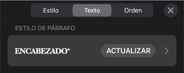 Un estilo de párrafo con un asterisco junto a él y un botón Actualizar a la derecha.