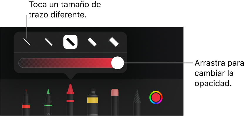 Controles para elegir el tamaño del trazo y selector para ajustar la opacidad.