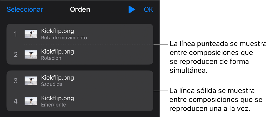 El menú Orden de composición, con una línea de puntos entre las composiciones que se reproducirán simultáneamente y una línea sólida entre las composiciones que se reproducen en orden secuencial.