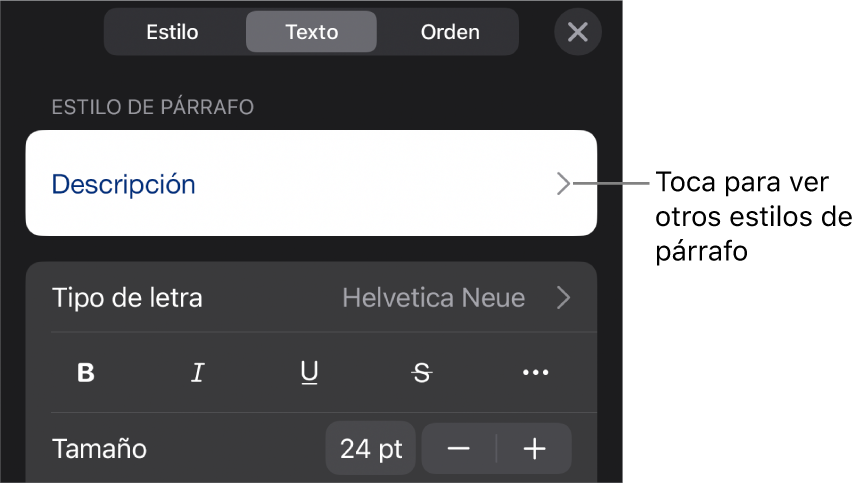 El menú Formato mostrando los controles de texto para configurar los estilos de párrafo y carácter, tipo de letra, tamaño y color.