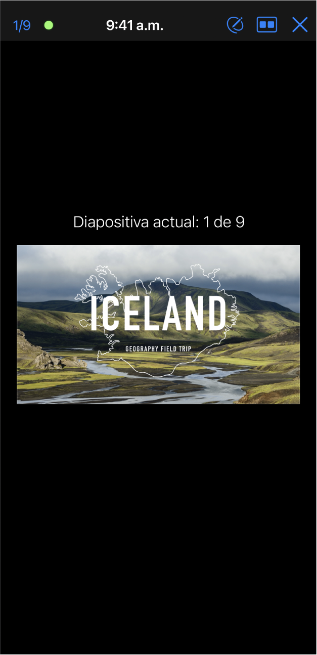 La app Keynote mostrando la vista del presentador. La diapositiva actual aparece en el centro de la pantalla. Aparece una barra de herramientas en la parte superior de la pantalla con el contador de diapositivas a la izquierda, el tiempo en el centro y los botones Dibujar, Disposición y Salida a la derecha.