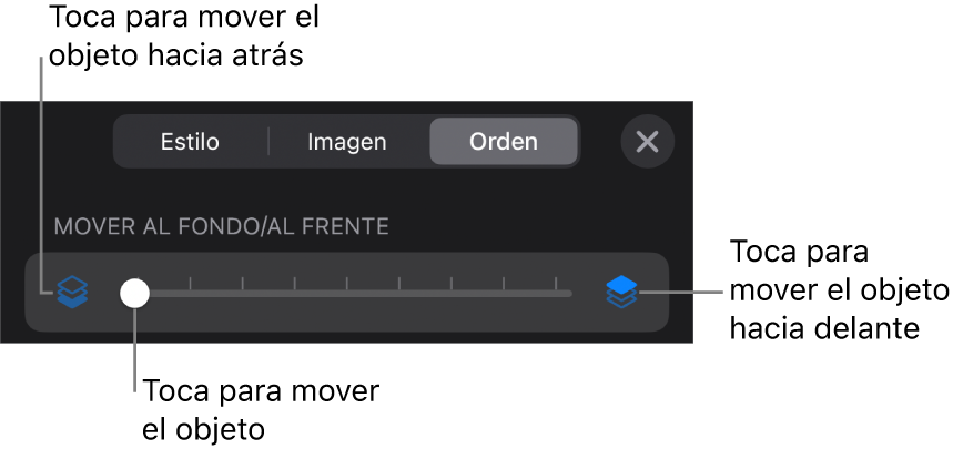 Botón Mover hacia atrás, botón Mover hacia delante y regulador de capa.