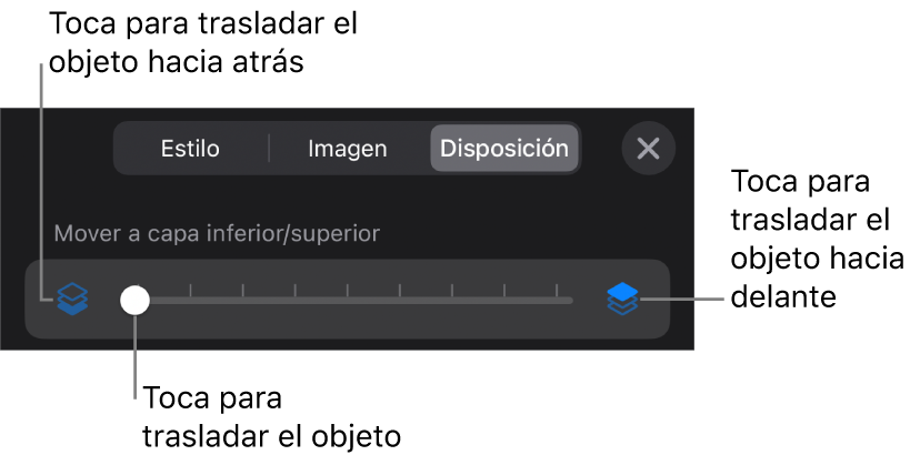 Botón “Mover hacia atrás”, botón “Mover hacia delante” y regulador de capa.