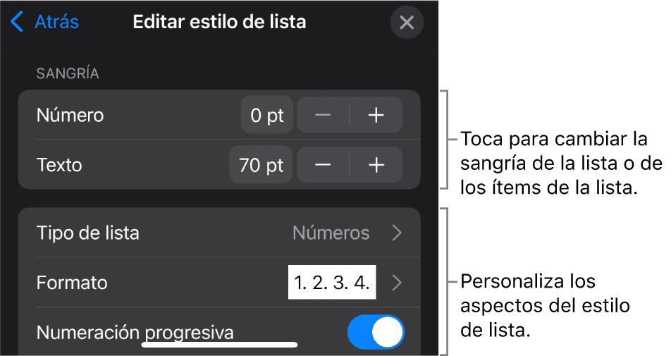 Menú “Editar estilo de lista” con controles para editar el tipo de lista y su apariencia.