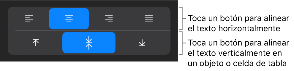 Botones de alineación horizontal y vertical para el texto.