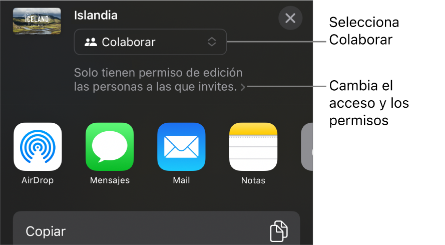 El menú Compartir con la opción Colaborar seleccionada en la parte superior y los ajustes de acceso y permisos debajo.