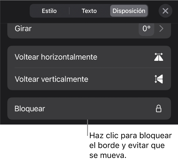 Controles de Disposición en el menú Formato con el botón Bloquear señalado.