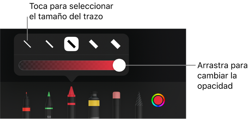 Controles para seleccionar un tamaño de trazo y un regulador para ajustar la opacidad.