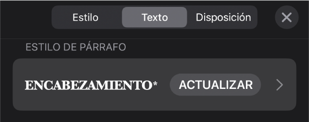 Un estilo de párrafo con un asterisco junto a él y un botón Actualizar a la derecha.