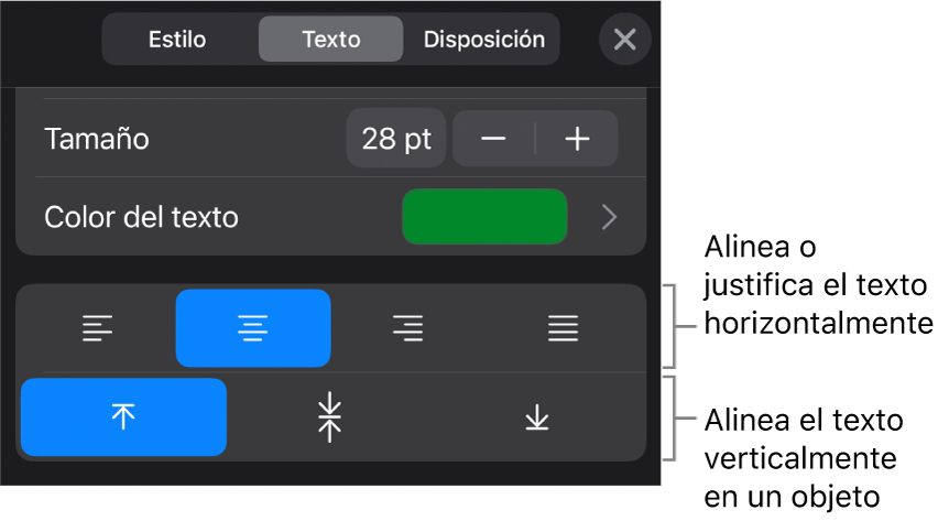 Sección Alineación del botón de formato con llamadas a los botones de alineación de texto.