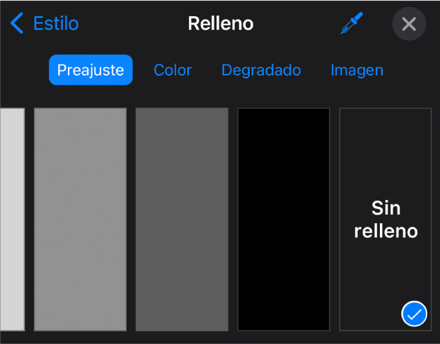 Controles de Relleno con la opción “Sin relleno” seleccionada.