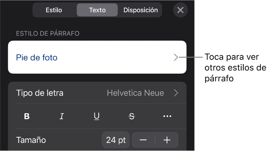 El menú Formato, que muestra controles de texto para configurar los estilos de párrafo y carácter, tipo de letra, tamaño y color.