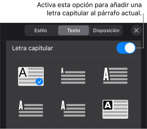 Los controles de “Letra capitular” situados en el menú Texto.
