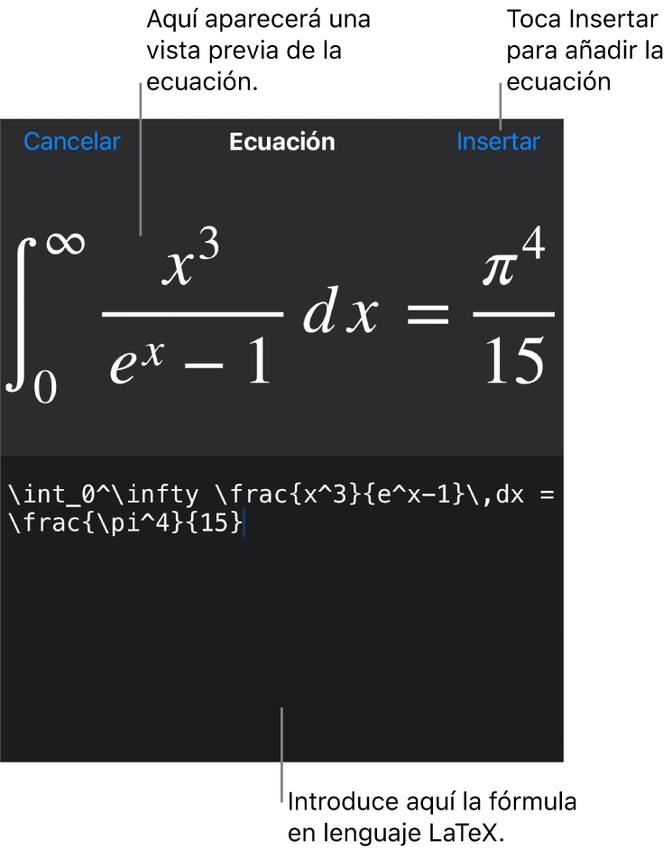 El diálogo Ecuación con una ecuación escrita con comandos de LaTeX y una previsualización de la fórmula encima.
