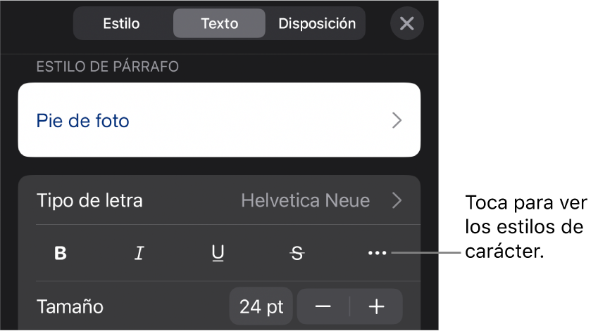 Los controles de Formato con los estilos de párrafo en la parte superior y, después, los controles de “Tipo de letra”. Debajo de “Tipo de letra” están los botones Negrita, Cursiva, Tachado y “Más opciones de texto”