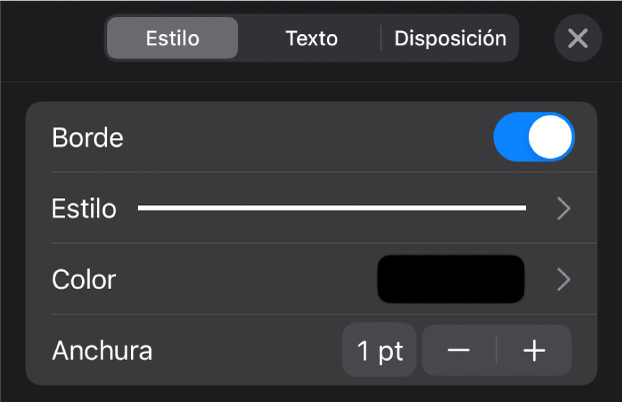 Controles de personalización del estilo del borde.