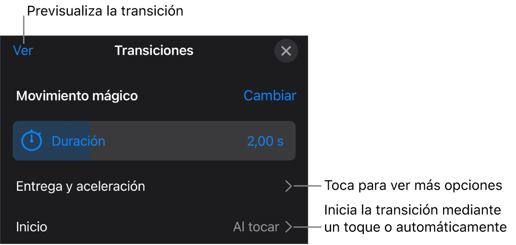 Controles de “Movimiento mágico” en el panel Transiciones.