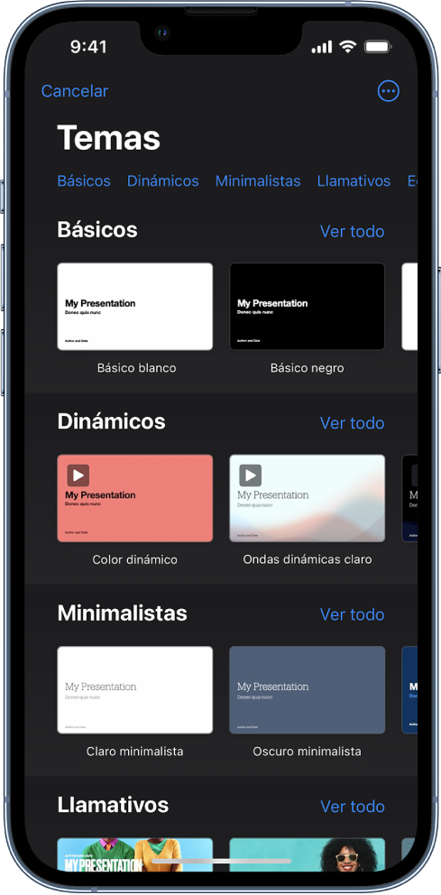  El selector de tema, mostrando una fila de categorías a lo largo de la parte superior que puedes tocar para filtrar las opciones. Debajo hay miniaturas de temas prediseñados organizados en filas por categorías.