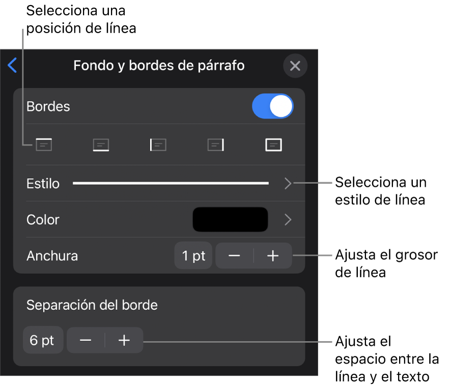 Controles para cambiar el estilo de línea, grosor, posición y color.