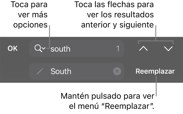 Los controles de “Buscar y reemplazar” encima del teclado con los botones Reemplazar, Arriba y Abajo y una flecha para “Opciones de búsqueda”.