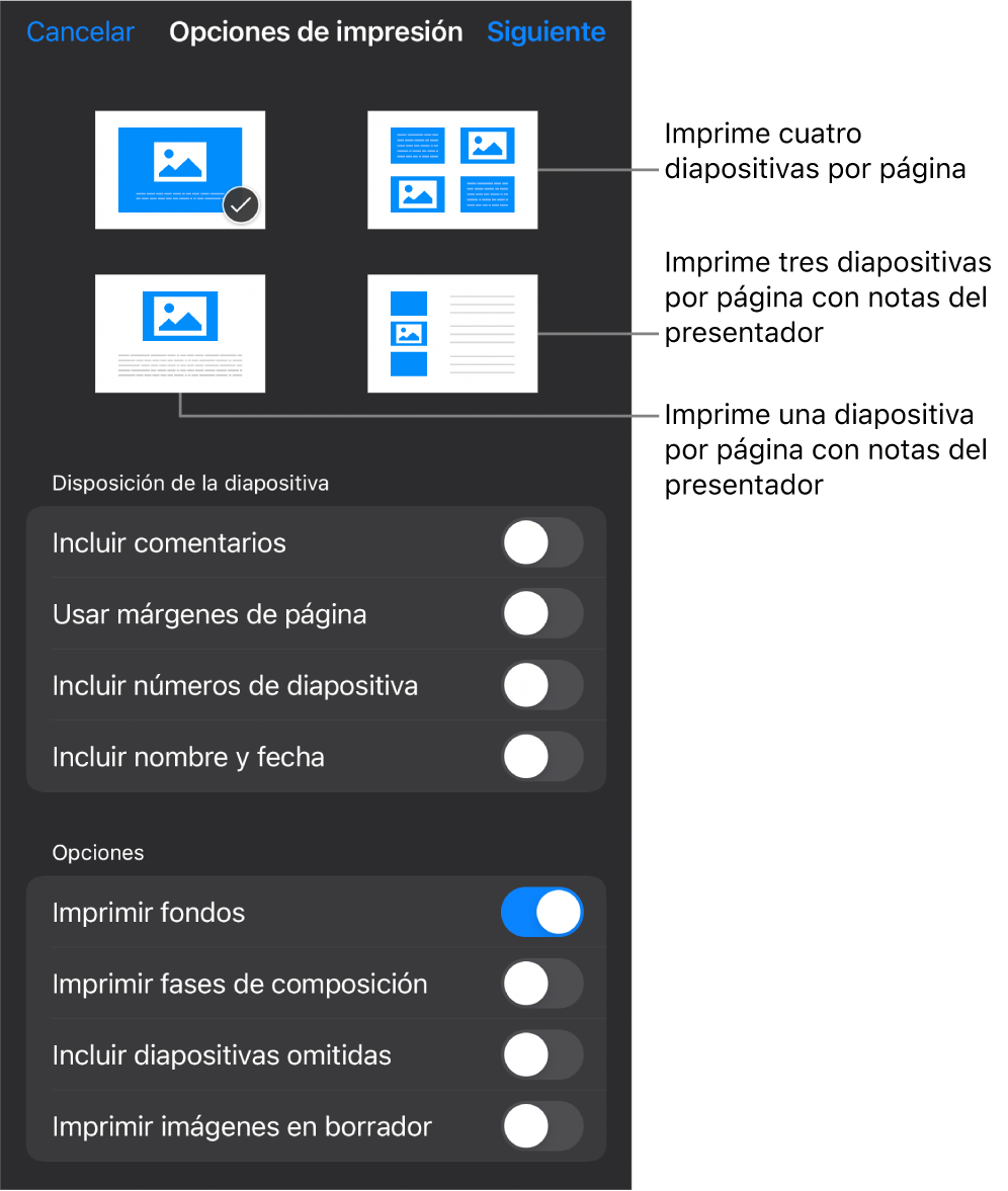 Opciones de disposición de impresión.