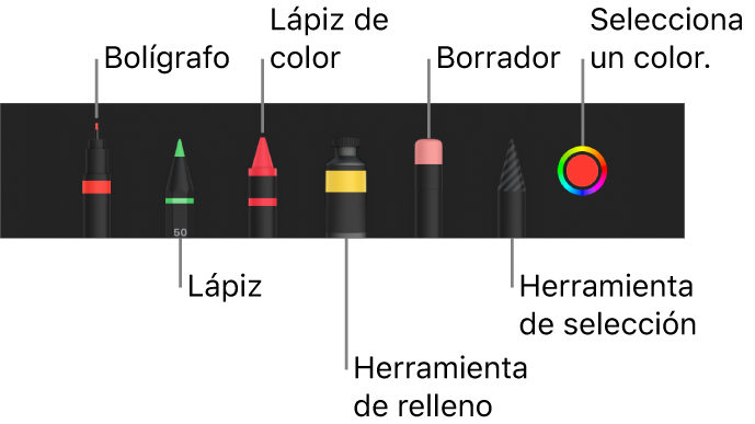 La barra de herramientas de dibujo con un bolígrafo, lápiz, lápiz de color, relleno, borrador, herramienta de selección y paleta de colores, que muestra el color actual.