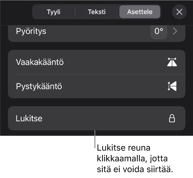 Järjestä-säätimet Muoto-valikossa, ja Lukitse-painike näkyy korostettuna.