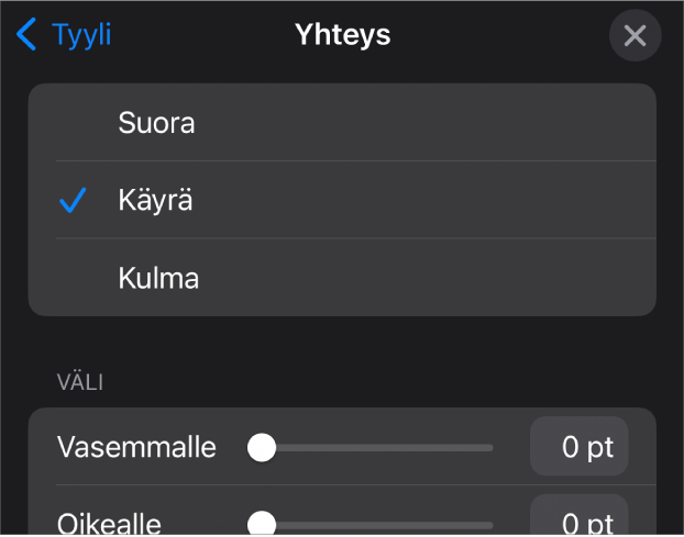 Yhteys-säätimet ja Käyrä valittuna.