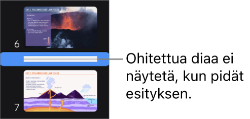 Diojen rakennenäkymä, jossa näkyy ohitettu dia vaakasuorana viivana.
