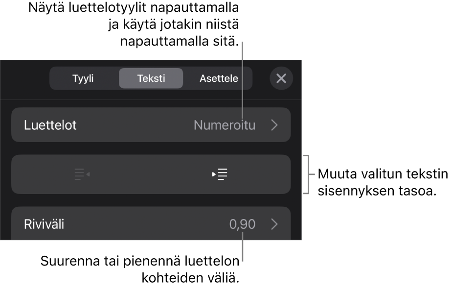 Muoto-säätimien Luettelot-osio, jossa on selitteet Luetteloihin, ulonnus- ja sisennyspainikkeisiin ja rivivälisäätimiin.