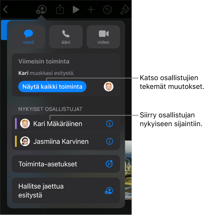 Yhteistyövalikko, jonka luettelossa on nykyiset osallistujat.