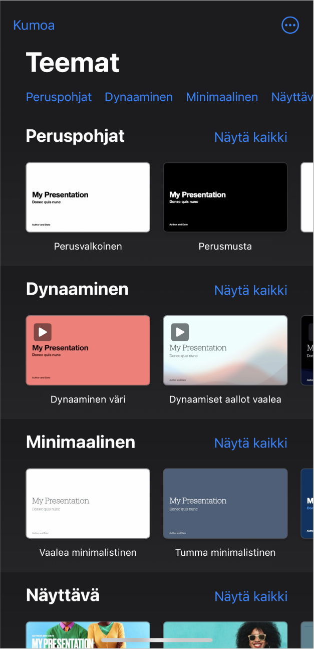 Teemanvalitsin, jonka yläreunassa näkyy kategorioiden rivi, jota napauttamalla voidaan suodattaa vaihtoehtoja. Alla on esimääritettyjen teemojen miniatyyreja, jotka on järjestetty riveihin kategorian mukaan siten, että ylimpänä on Perus-kategoria ja sen alla Minimaalinen ja Lihavoitu. Näytä kaikki -painike tulee näkyviin kunkin kategorian yläpuolelle oikealla. Peruuta-painike on vasemmassa yläkulmassa.