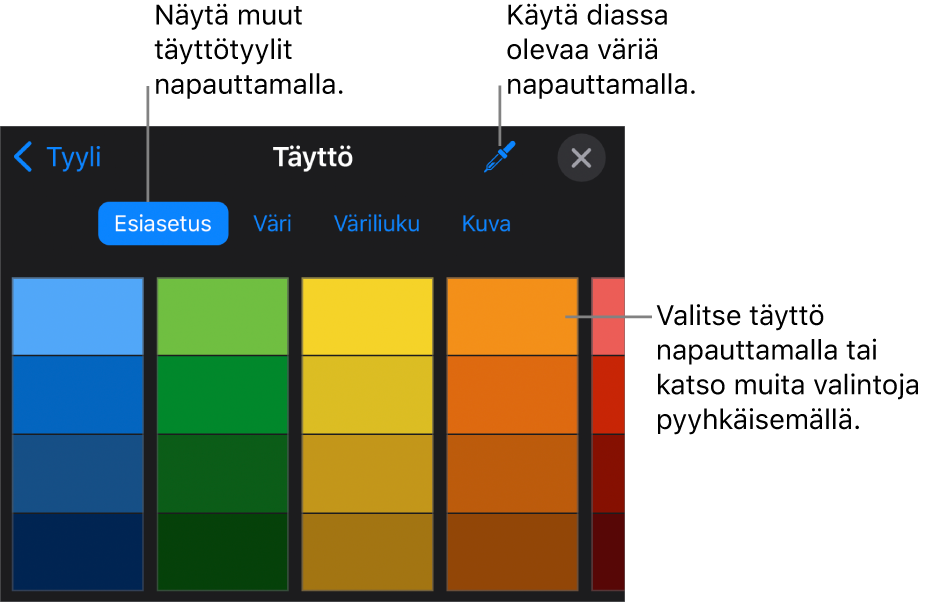 Tyyli-välilehden Täyttö-valinnat.