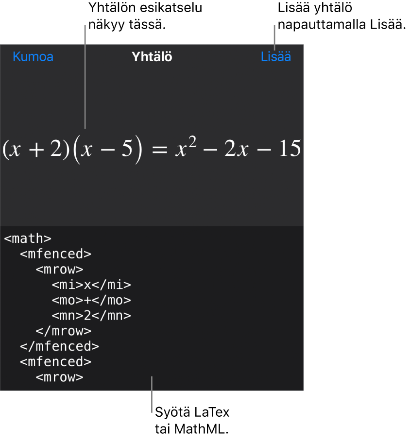 Yhtälö-valintaikkuna, jossa näkyy MathML-komentoja käyttäen syötetty yhtälö, ja yllä kaavan esikatselu.