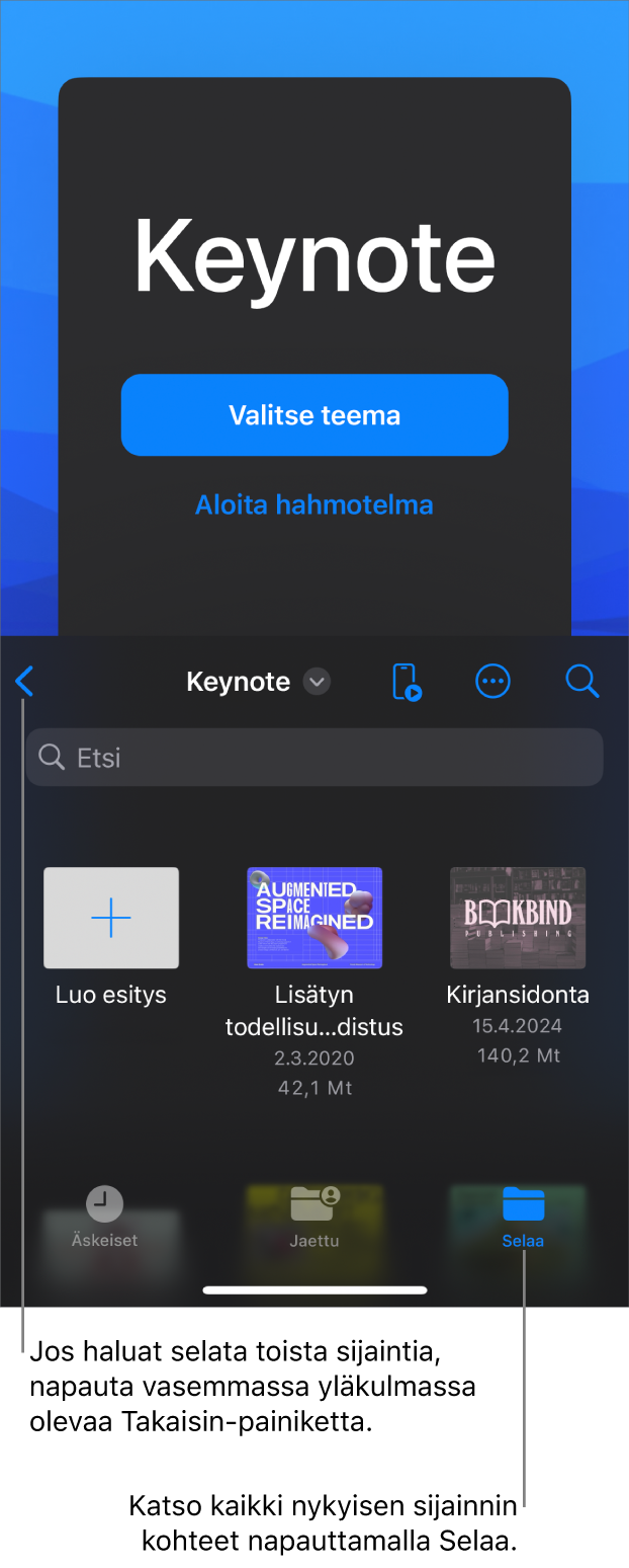 Dokumenttinäkymän selausnäkymä, jonka vasemmassa yläkulmassa on Takaisin-painike ja sen alapuolella on hakukenttä. Oikeassa yläkulmassa ovat Lisää-, Lisää- ja Kaukosäädin-painikkeet. Näytön alareunassa ovat Äskeiset-, Jaetut- ja Selaa-painike.
