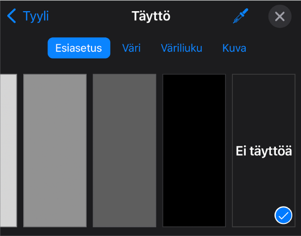 Täyttö-säätimet, ja Ei täyttöä näkyy valittuna.