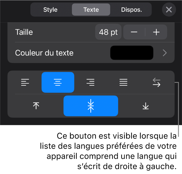 Commandes de texte du menu Format avec le bouton De droite à gauche accompagné d’une légende.