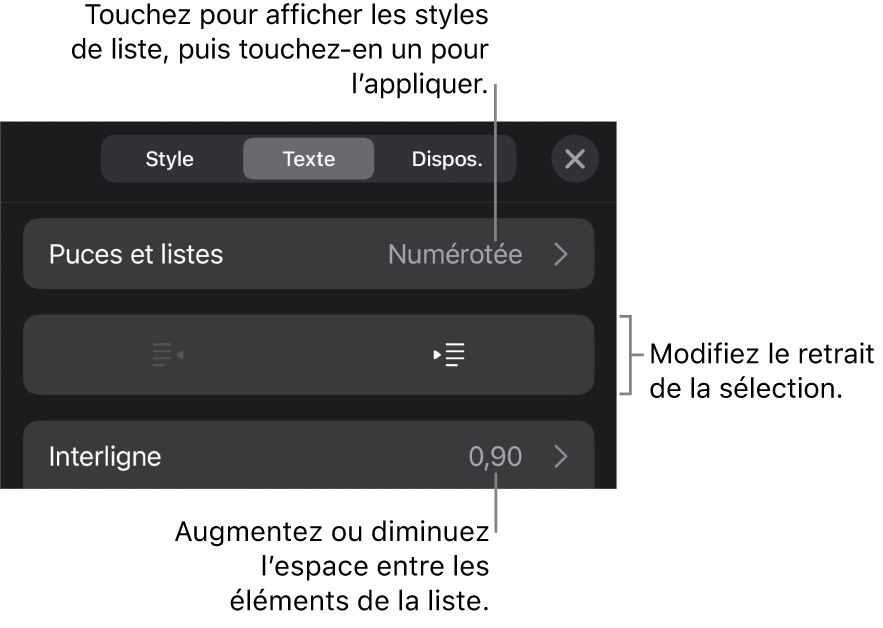 La section Puces et listes des commandes Format avec des légendes indiquant le menu Puces et listes, les boutons de retrait ou de suppression du retrait, et les commandes d’interligne.