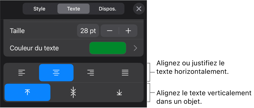 La section Alignement du bouton Format, avec des légendes pour les boutons d’alignement de texte.